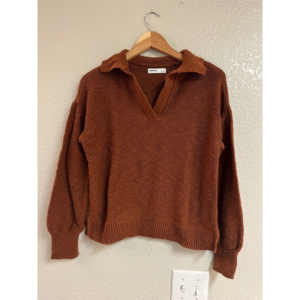 Sonoma Goods For Life Women Rust Brown Cotton Knit Polo Collar Sweater Small